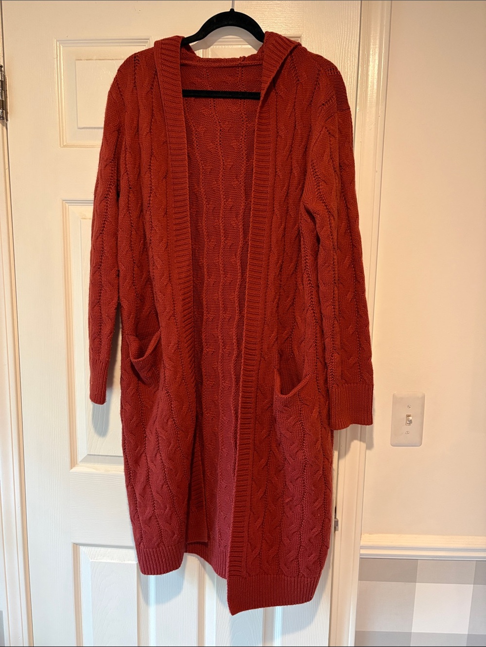 Long Open-Front Cable Knit Cardigan Sweater - Rust